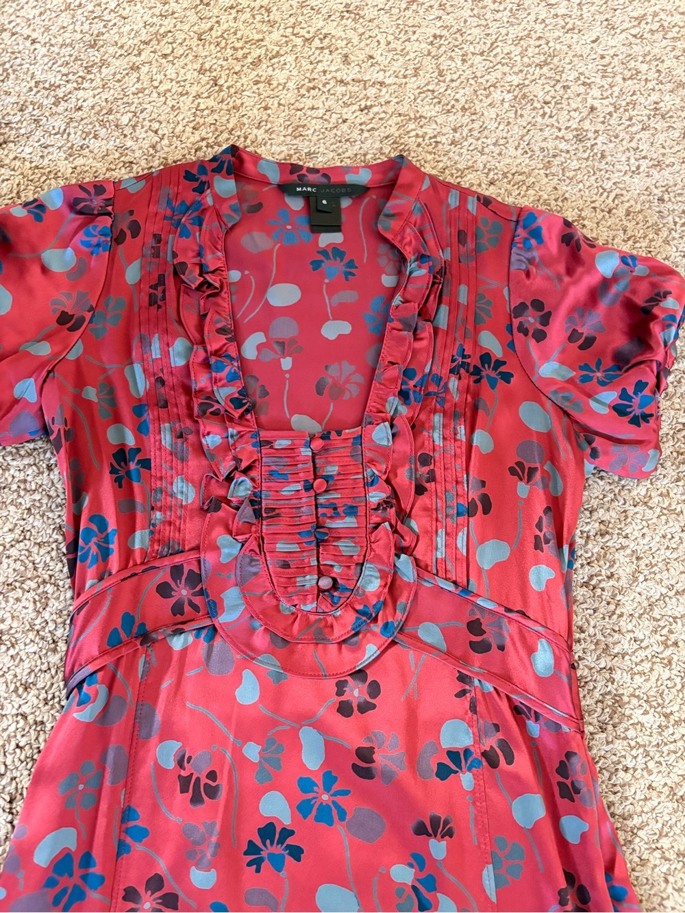 Marc Jacobs Red Satin Floral Midi Dress with Blue and Gray Accents - Picture 3 of 6